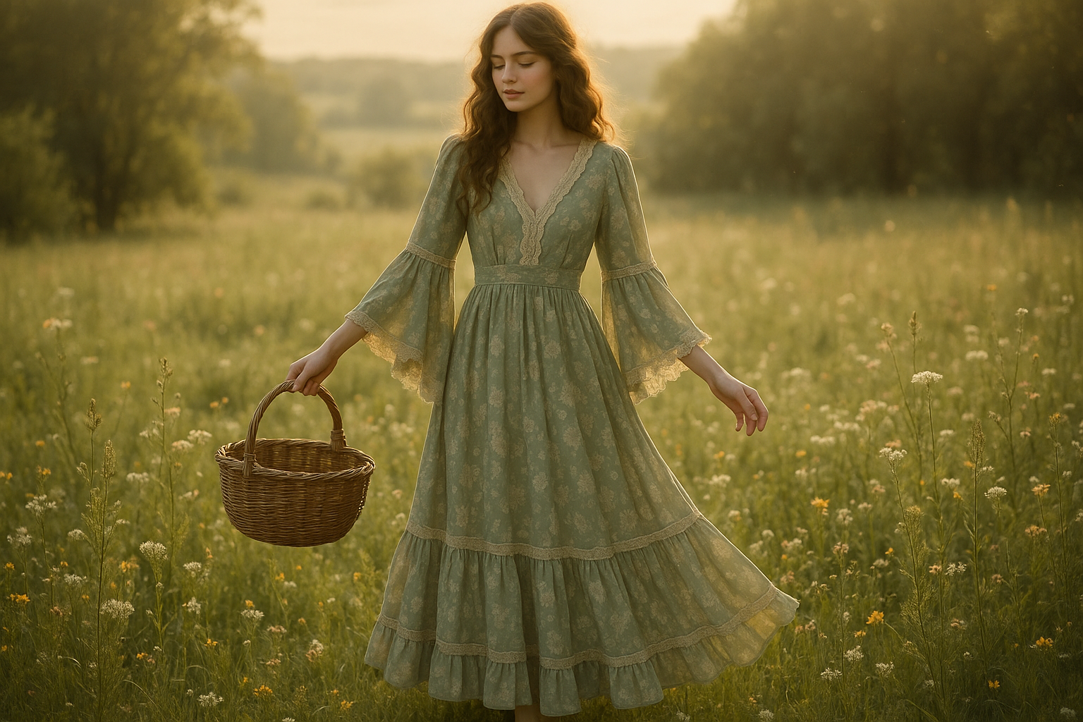 Woman in flowing bohemian dress in wildflower meadow